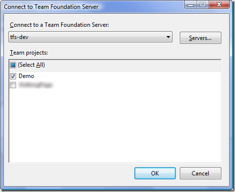 Connect to Team Foundation Server Dialog - Multi-Project Select - With Default Selection