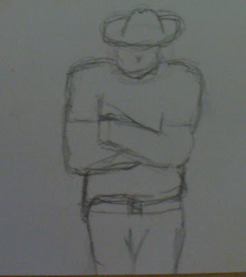 A drawing of a man in a hat.