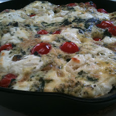 Iron Skillet Frittata w/ Caramelized Shallots, Spinach, Grape Tomatoes, & Goat Cheese
