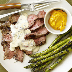 Grilled Flank Steak with Gorgonzola Cream Sauce and Asparagus