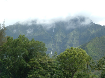 Waterfalls decend from the clouds.