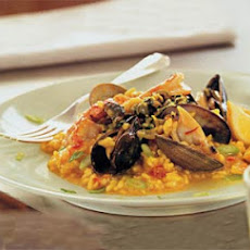 Mussels, Clams and Shrimp with Saffron Risotto and Green Olive Relish
