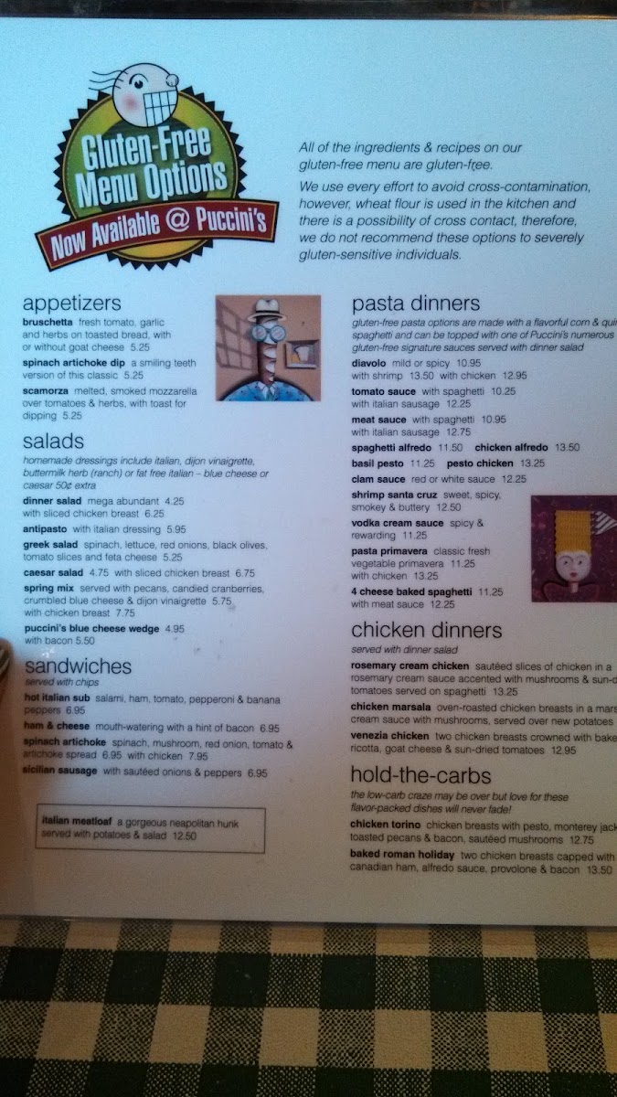 front page of the menu, back of menu has pizza options.