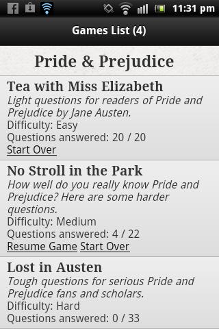 Pride Prejudice Quiz Game