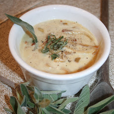 Caramelized Onion and Pear Soup with Gorgonzola Cream and Bacon