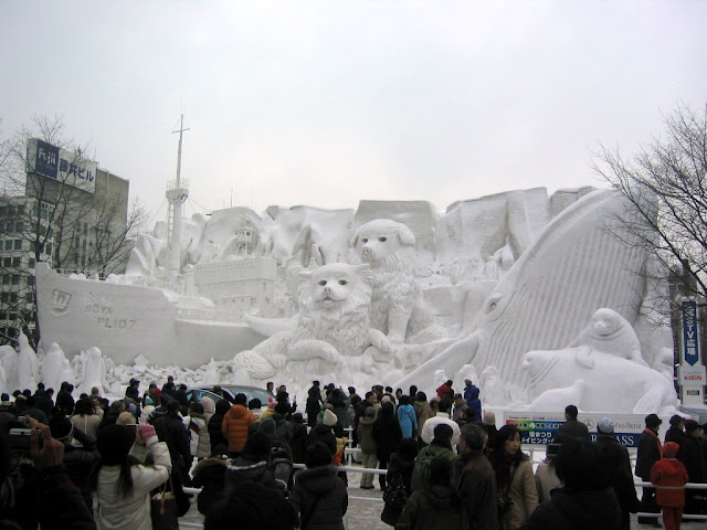 The Antarctic -  I thought this was the best snow sculpture. It features "...the Japanese Antarctic expedition ship Soya on the left and the Sakhalin Huskies Taro and Jiro in the center along with a whale, penguins and seals." http://www.snowfes.com/english/place/oodori/index06-10.html