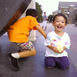 Eidan and Kai on the Awakening statue at Villanova