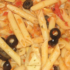 Penne With Roasted Red Pepper, Artichoke, & Garlic Puree