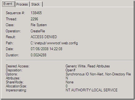 Image showing that the wmsvc process was impersonating the NT AUTHORITY\LOCAL SERVCE account when its' access was denied.
