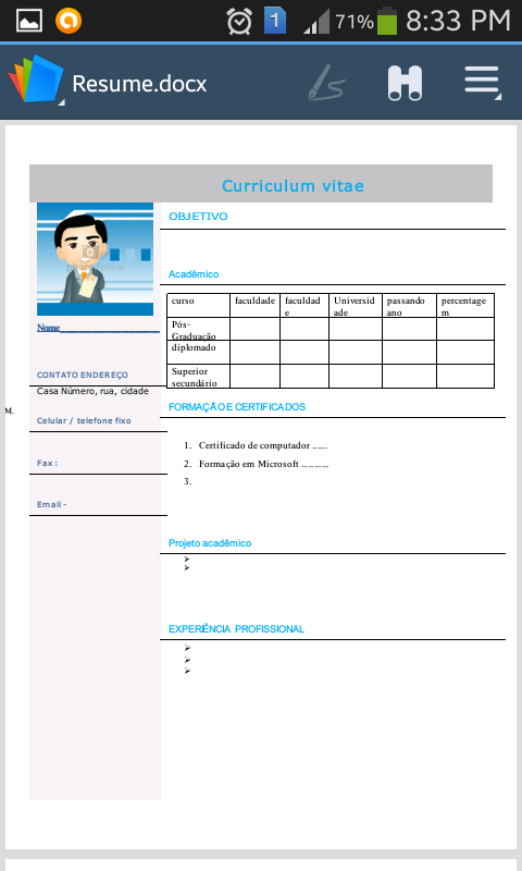 Android application Curriculum Vitae-português screenshort