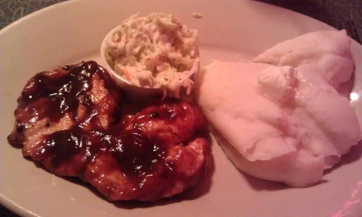 BBQ Chicken Breast with Cole Slaw & Mashed Potatoes.