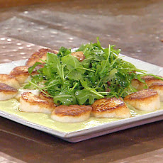 Seared Diver Scallops with Garlic, Bacon Wilted Arugula and Lima Bean Puree