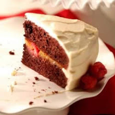 Red Satin Cake with Peaches and Raspberries