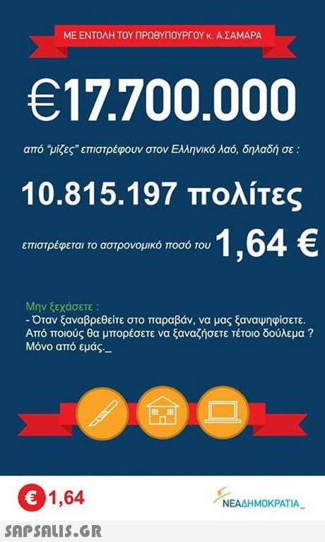 ΜΕ ΕΝΤΟΛΗ ΤΟΥ ΠΡΩΘΥΠΟΥΡΓΟΥ κ. ΑΣΑΜΑΡΑ 17.700.000 από μίζες, επιστρέφουν στον Ελληνικό λαό, δηλαδή σε : 10.815.197 πολίτες επιστρέφεται το αστρονομικό ποσό του Μην ξεχάσετε : Οταν ξαναβρεθείτε στο παραβάν, να μας ξαναψηφίσετε Από ποιούς θα μπορέσετε να ξαναζήσετε τέτοιο δούλεμα ? Μόνο από εμάς,- 1,64 ΝΕΑΔΗΜΟΚΡΑΤΙΑ 