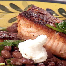 Blackened Salmon with Spinach and Soy Black Beans (Five-minute meal in a pan!)