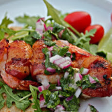 Grilled, Bacon-Wrapped Shrimp with Arugula and Red Onion Relish