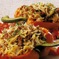 Lamb and Orzo Stuffed Pepper with Chunky Tomato Sauce