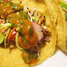 Salmon Tacos with Miso Broccoli Slaw and Apricot Salsa