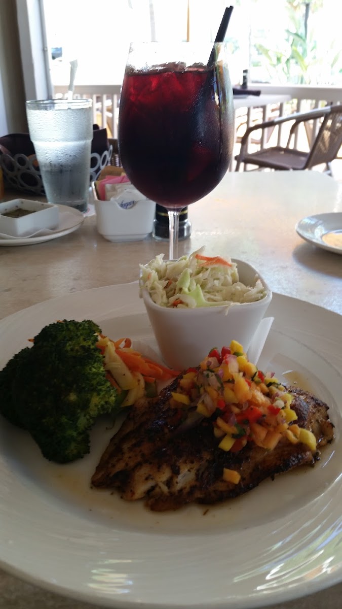 Jerk Grouper with steamed veggies and Cole slaw