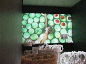 A video exhibit. She's naked, floating among watermelons.