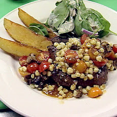 Grilled Sirloin Steak with Summer Vegetable Ragout and Steak Fries