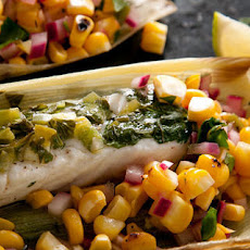 Corn-Husk-Wrapped Grilled Halibut with Charred Corn Salsa Recipe