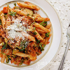 Autumn Penne Pasta with Sauteed Brussels Sprouts in a Light Ragu