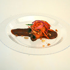 Peanut Smoked Pork Loin with Peanut Butter BBQ Sauce and Carrot and Pickled Onion Salad
