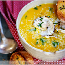 Curried Winter Squash Soup with Red Lentil, Coconut Milk and Clams