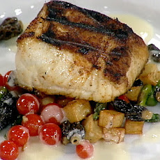 Grilled Escolar with a Saute of Fresh Asparagus, Baby Morels and Currant Tomatoes