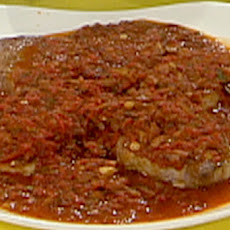 Spanish Style Pork Chops with Chorizo and Roasted Red Pepper Sauce and Green Beans