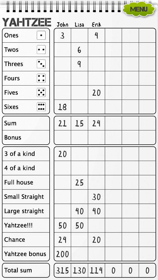 Android application Yahtzee scoresheet screenshort