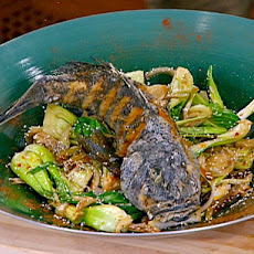 Chinese-Style Whole Fried Black Bass over Wok-Sauteed Bok Choy, Ginger, and Spring Garlic