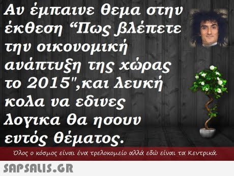 Αν έμπαινε θεμα στην έκθεση los βλέπετε την οικονομικη ανάπτυξη της χώρας το 2015,και λευκή κολα να εδινες λογικα θα ησουν εντός θέματος.  Ολος ο κόσμος είναι ένα τρελοκομείο αλλά εδώ είναι τα κεντρικά. 