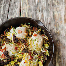 Baked Cod with Leeks, Morels and Bacon
