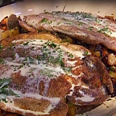Blue Corn Crusted Rainbow Trout with a Roasted Pepper and Potato Hash and Cilantro Lime Cream Sauce