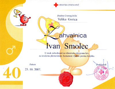 Zahvalnica za 40 darivanja krvi