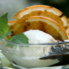 Grilled Orange Slices with Frozen Yogurt and Raspberry-Fudge Sauce