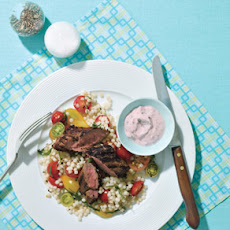 Grilled Lamb Loin With Tomato and Cucumber Raita and Israeli Couscous