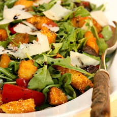 Mixed Tomatoes And Arugula Salad With Crispy Polenta