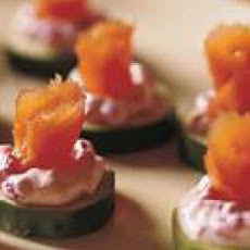 Cucumber Rounds with Beet Cream and Smoked Salmon