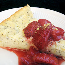 Buttermilk Poppyseed Custard Cake with Roasted Strawberries