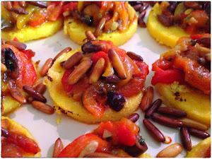 Grilled parmesan polenta with grilled peppers and pine nuts