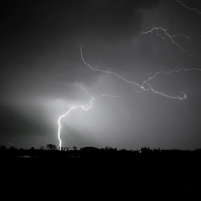 Lightning Strike by Joe Boyle - Landscapes Weather ( field, lightning, sky, white, pwcbwlandscapes, storm, black )