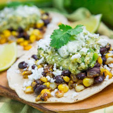 Caramelized Corn and Black Bean Tacos with Roast Zucchini Salsa and Roasted Poblano Crema