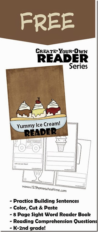 Kids are going to love practicing sight words with this ice cream worksheets! Children will simply cut and paste ice cream printables to make sentences. Then kindergarten, first grade and 2nd graders will color in the free ice cream printables. Finally children will read the sightw word readers and answer the questions on the summer worksheets at the end to work on reading comprehension.  Simply print pdf file with Ice Cream Printables and you are ready to play and learn with this summer activity for kids!