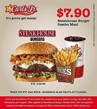 Carl's Jr Steakhouse Burger Fries Combo Meal Singapore Offer Plaza Singapura, Marina Sq Parkway Parade, Changi Airport T3,