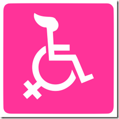 Símbolo da acessibilidade estilizado, com fundo rosa, cadeirante com cabelos longos e a roda da cadeira formando o símbolo feminino.