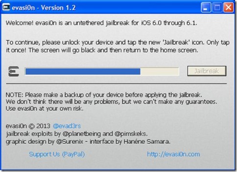 Evasion sbloccare dispositivo Apple e toccare icona Jailbreak
