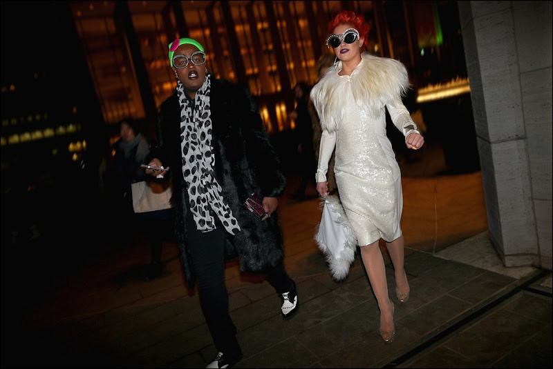 18 neon hitch and friend white sequine dress fur trimmed white bag statement sunglasses black fur polka dot scarf green hat black and white wing tips ll hs ol